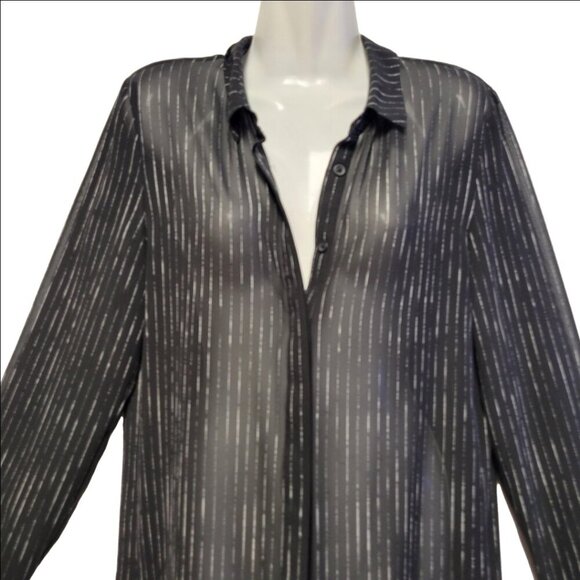 DKNY Black Pinstripe Tunic Long Thin Sheer Cardigan Coat Cover Up - Picture 2 of 3